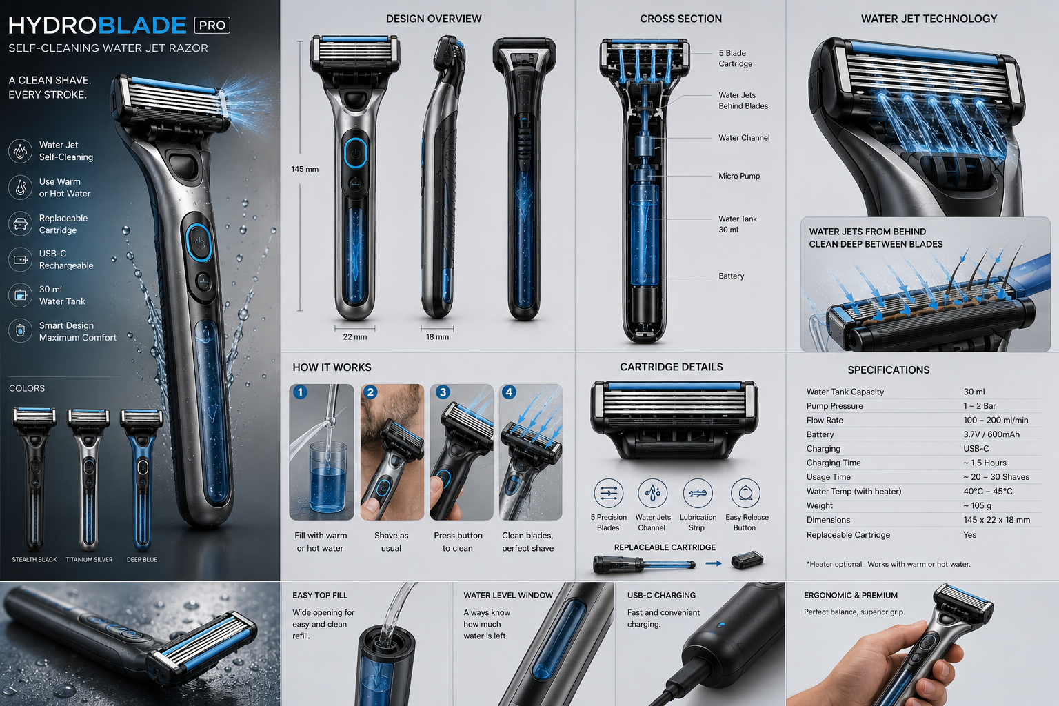 HydroBlade Pro – Self-Cleaning Water Jet Razor Technology