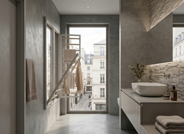 Laundry drying rack system designed to be integrated within window frames or similar structures